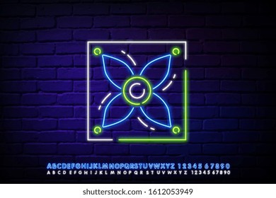 Glowing neon line Computer cooler icon isolated on brick wall background. PC hardware fan. Vector Illustration