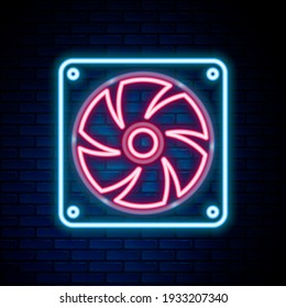 Glowing neon line Computer cooler icon isolated on brick wall background. PC hardware fan. Colorful outline concept. Vector