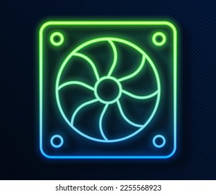 Línea de neón brillante Icono del refrigerador del ordenador aislado en fondo azul. Ventilador de hardware de PC.  Vector