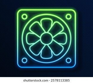 Glowing neon line Computer cooler icon isolated on blue background. PC hardware fan.  Vector