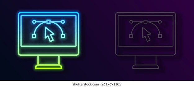 Glowing neon line Computer display with vector design program icon isolated on isolated on black background. Photo editor software with user interface.  Vector