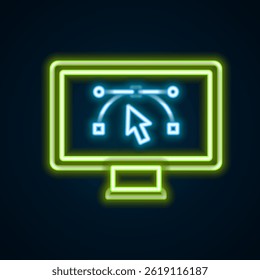 Glowing neon line Computer display with vector design program icon isolated on isolated on black background. Photo editor software with user interface. Colorful outline concept. Vector