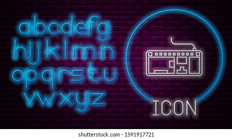 Glowing neon line Computer keyboard icon isolated on brick wall background. PC component sign. Neon light alphabet. Vector Illustration