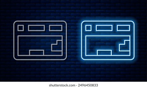 Glowing neon line Computer keyboard icon isolated on brick wall background. PC component sign.  Vector