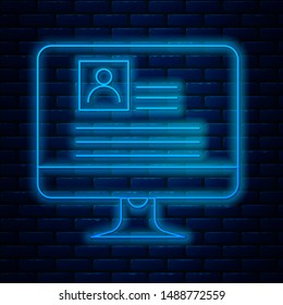 Glowing neon line Computer monitor with resume icon isolated on brick wall background. CV application. Searching professional staff. Analyzing personnel resume.   Vector Illustration