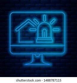 Glowing neon line Computer monitor with smart house and alarm icon isolated on brick wall background. Security system of smart home.  Vector Illustration