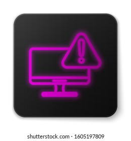 Glowing neon line Computer monitor with exclamation mark icon isolated on white background. Alert message smartphone notification. Black square button. Vector Illustration