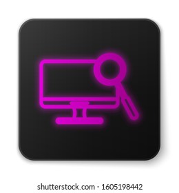 Glowing neon line Computer monitor diagnostics icon isolated on white background. Adjusting app, service, setting options, maintenance, repair. Black square button. Vector Illustration