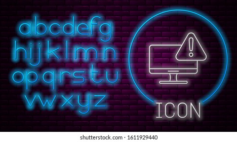 Glowing neon line Computer monitor with exclamation mark icon isolated on brick wall background. Alert message smartphone notification. Neon light alphabet. Vector Illustration