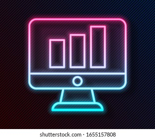 Glowing neon line Computer monitor with graph chart icon isolated on black background. Report text file. Accounting sign. Audit, analysis, planning.  Vector Illustration