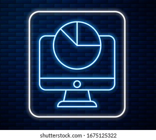 Glowing neon line Computer monitor with graph chart icon isolated on brick wall background. Report text file. Accounting sign. Audit, analysis, planning.  Vector Illustration