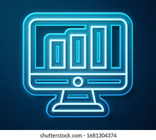 Glowing neon line Computer monitor with graph chart icon isolated on blue background. Report text file. Accounting sign. Audit, analysis, planning.  Vector Illustration