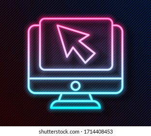 Glowing neon line Computer monitor and cursor icon isolated on black background. Computer notebook with empty screen sign.  Vector Illustration