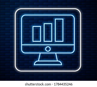Glowing neon line Computer monitor with graph chart icon isolated on brick wall background. Report text file. Accounting sign. Audit, analysis, planning.  Vector Illustration