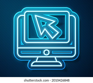 Glowing neon line Computer monitor and cursor icon isolated on blue background. Computer notebook with empty screen sign.  Vector Illustration