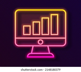 Glowing neon line Computer monitor with graph chart icon isolated on black background. Report text file. Accounting sign. Audit, analysis, planning.  Vector