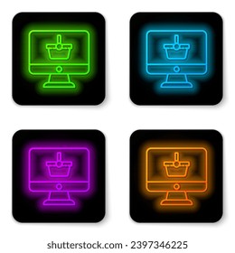 Glowing neon line Computer monitor with shopping basket icon isolated on white background. Online Shopping cart. Supermarket basket symbol. Black square button. Vector Illustration