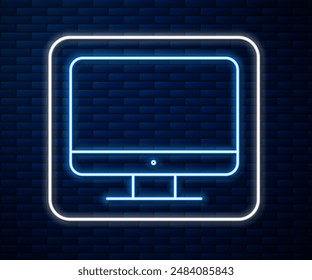 Glühende neonfarbene Linie Computerbildschirm-Symbol isoliert auf Backstein-Wand-Hintergrund. Elektronische Musik-Gerät. Vorderansicht.  Vektorillustration