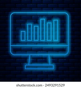 Glowing neon line Computer monitor with graph chart icon isolated on brick wall background. Report text file icon. Accounting sign. Audit, analysis, planning.  Vector