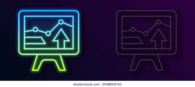 Glowing neon line Computer monitor with graph chart icon isolated on black background. Report text file icon. Accounting sign. Audit, analysis, planning.  Vector