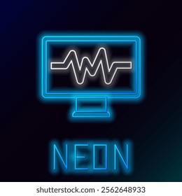 Glowing neon line Computer monitor with cardiogram icon isolated on black background. Monitoring icon. ECG monitor with heart beat hand drawn. Colorful outline concept. Vector