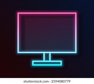 Glowing neon line Computer monitor screen icon isolated on black background. Electronic device. Front view.  Vector Illustration