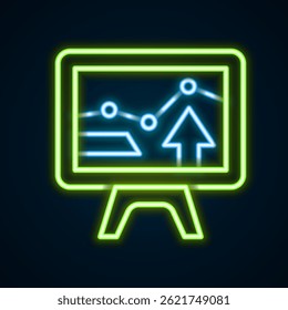 Glowing neon line Computer monitor with graph chart icon isolated on black background. Report text file icon. Accounting sign. Audit, analysis, planning. Colorful outline concept. Vector