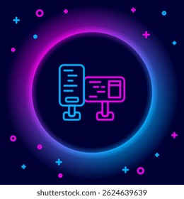 Glowing neon line Computer monitor screen icon isolated on black background. Electronic device. Front view. Colorful outline concept. Vector