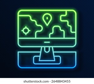 Glowing neon line Computer monitor and folded map with location marker icon isolated on blue background.  Vector