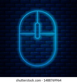 Glowing neon line Computer mouse icon isolated on brick wall background. Optical with wheel symbol.  Vector Illustration