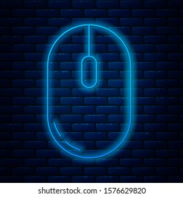 Glowing neon line Computer mouse icon isolated on brick wall background. Optical with wheel symbol.  Vector Illustration
