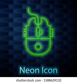 Glowing neon line Computer mouse gaming icon isolated on brick wall background. Optical with wheel symbol.  Vector Illustration