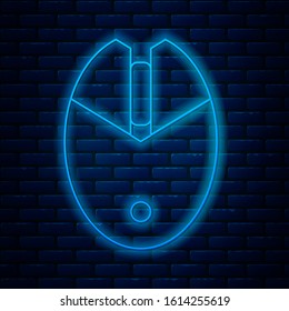 Glowing neon line Computer mouse gaming icon isolated on brick wall background. Optical with wheel symbol.  Vector Illustration