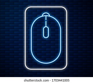 Línea de neón brillante Icono de juegos de ratón de ordenador aislado en el fondo de pared de ladrillo. Óptico con símbolo de rueda. Ilustración vectorial