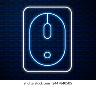 Glowing neon line Computer mouse icon isolated on brick wall background. Optical with wheel symbol.  Vector