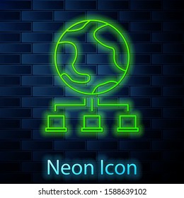 Glowing neon line Computer network icon isolated on brick wall background. Online gaming. Laptop network. Internet connection.  Vector Illustration