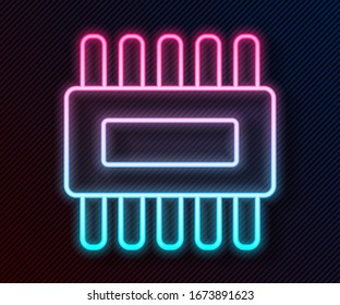 Glowing neon line Computer processor with microcircuits CPU icon isolated on black background. Chip or cpu with circuit board. Micro processor.  Vector Illustration