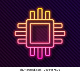 Glowing neon line Computer processor with microcircuits CPU icon isolated on black background. Chip or cpu with circuit board. Micro processor.  Vector