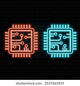 Glowing neon line Computer processor with microcircuits CPU icon isolated on black background. Chip or cpu with circuit board. Micro processor. Vector.orange.