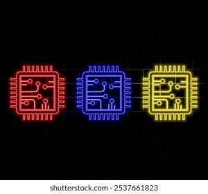 Glowing neon line Computer processor with microcircuits CPU icon isolated on black background. Chip or cpu with circuit board. Micro processor. Vector.yellow.