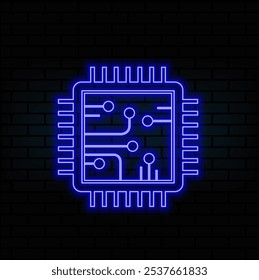 Linha de néon brilhante Processador de computador com microcircuitos ícone da CPU isolado no fundo preto. Chip ou CPU com placa de circuito. Microprocessador. Vetor.azul.