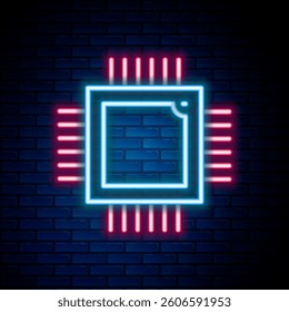 Glowing neon line Computer processor with microcircuits CPU icon isolated on brick wall background. Chip or cpu with circuit board. Micro processor. Colorful outline concept. Vector