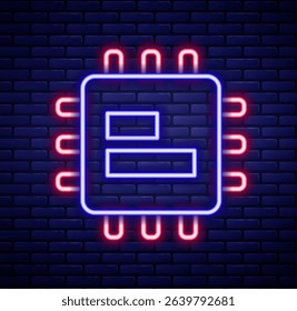 Glowing neon line Computer processor with microcircuits CPU icon isolated on brick wall background. Chip or cpu with circuit board. Micro processor. Colorful outline concept. Vector