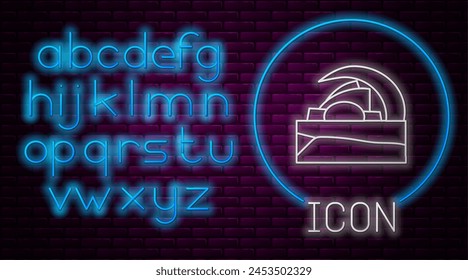 Glowing neon line Concert hall Auditorio de Tenerife icon isolated on brick wall background. Santa Cruz de Tenerife, Spain. Neon light alphabet. Vector