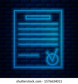Glowing neon line Confirmed document and check mark icon isolated on brick wall background. Checklist icon. Business concept.  Vector Illustration