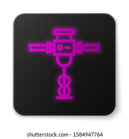 Glowing neon line Construction jackhammer icon isolated on white background. Black square button. Vector Illustration