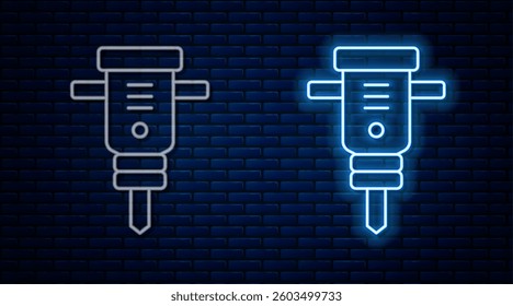 Glowing neon line Construction jackhammer icon isolated on brick wall background.  Vector