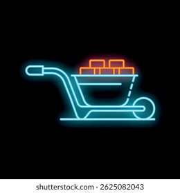 Glowing neon line construction wheelbarrow icon isolated on black background. Vector illustration