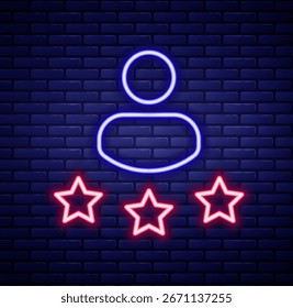 Linha de neon brilhante ícone de classificação de produto de consumidor ou cliente isolado no fundo da parede de tijolo. Conceito de contorno colorido. Vetor