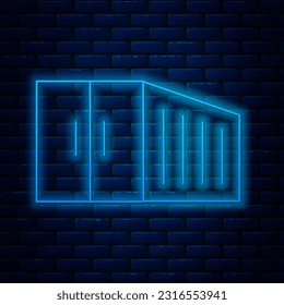 Glowing neon line Container icon isolated on brick wall background. Crane lifts a container with cargo.  Vector